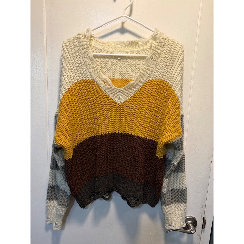 La Miel Distressed Colorblock Chunky Knit V-Neck Sweater Mustard Brown SM
